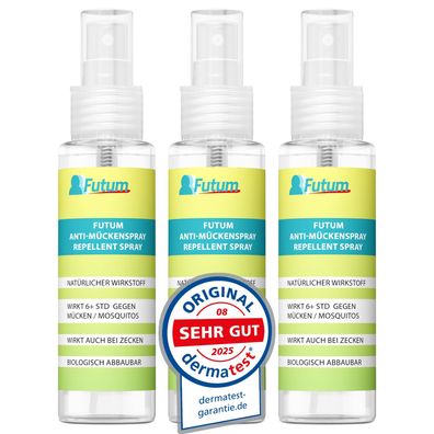 FUTUM Mückenspray 3x100ml - Effektiver 6+ Stunden Mückenschutz für die Haut
