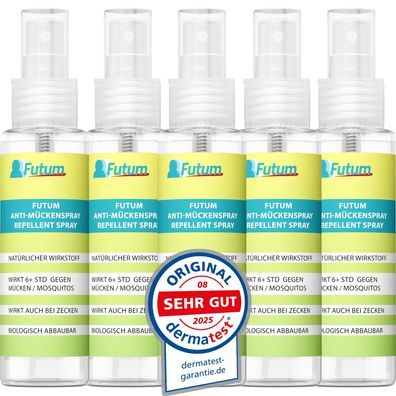 FUTUM Mückenspray 5x100ml - Effektiver 6+ Stunden Mückenschutz für die Haut