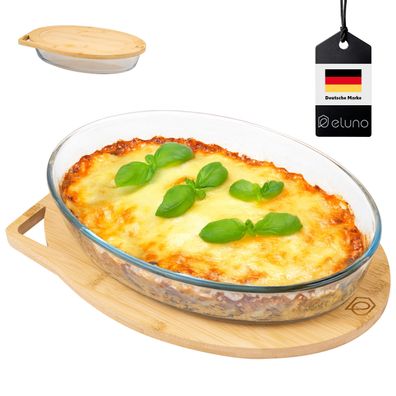 eluno Glas-Auflaufform inklusive Deckel aus Bambus, 3 Liter Servierbrett, oval