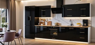 Küchenzeile EMMA 280 cm-Schwarz Hochglanz-ABS Kanten-MDF-VOLLAUSZUG-Einbauküche 2,8m