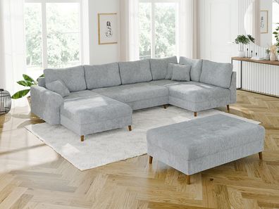 Trygve - Wohnlandschaft mit Schlaffunktion und Hocker mit Braun Holzfüßen
