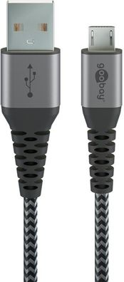 goobay Micro USB auf USB-A Textilkabel mit Metallsteckern space grau/silber 1 m (1er
