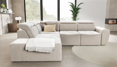 Emil - Modernes Ecksofa mit Schlaffunktion und Bettkasten aus Samt-Stoff