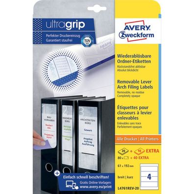 Avery Zweckform® L4761REV-20 Ordner-Etiketten, 61 x 192 mm, breite/kurz, 120 Etikette