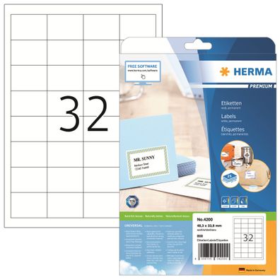 Herma Etiketten permanent 48,3 x 33,8 mm weiss Premium 25 Bl 800 Etik