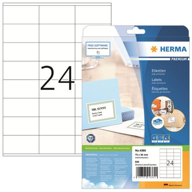 Herma Etiketten permanent 70 x 36 mm weiss Premium 25 Bl 600 Etik