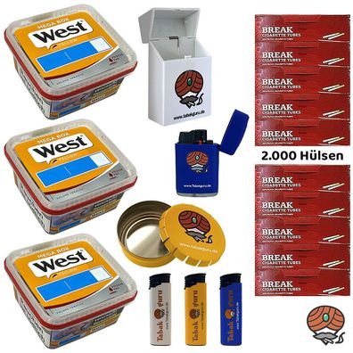 West Yellow Tabak Mega Box 3x 105g, Break Hülsen, Feuerzeuge, Box, Aschenbecher