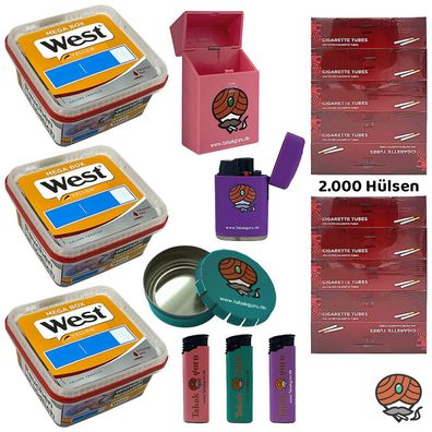 West Yellow Tabak Mega Box 3x 105g, 2000 Hülsen, Box, Aschenbecher