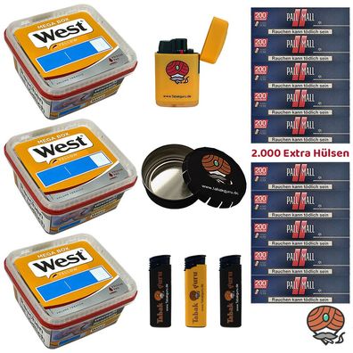 West Yellow Tabak Mega Box 3x 105g, Pall Mall Red Xtra Hülsen, Box, Feuerzeug