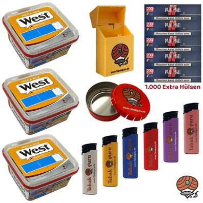 West Yellow Tabak Mega Box 3x 105g, Pall Mall Red Xtra Hülsen, Zubehör