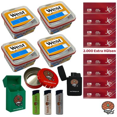 West Yellow Tabak Mega Box 4x 105g, JPS Extra Hülsen, Taschenascher