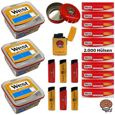 West Yellow Tabak Mega Box 3x 105g, Red Hülsen, Taschenascher, Feuerzeuge