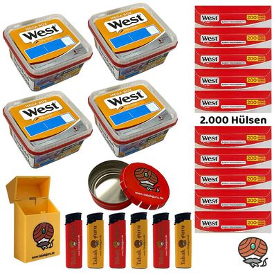 West Yellow Tabak Mega Box 4x 105g, 2000 West Red Hülsen, Taschenascher
