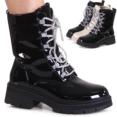 topschuhe24 3187 Damen Plateau Stiefeletten Glitzer Boots