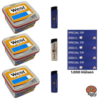 West Yellow Tabak Mega Box 3x 105g, Gizeh Special Tip Hülsen, Feuerzeuge