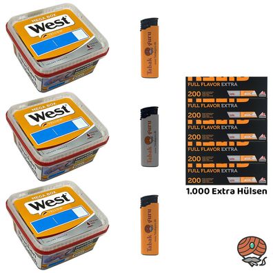 West Yellow Tabak Mega Box 3x 105g, Full Flavor Extra Hülsen, Feuerzeuge