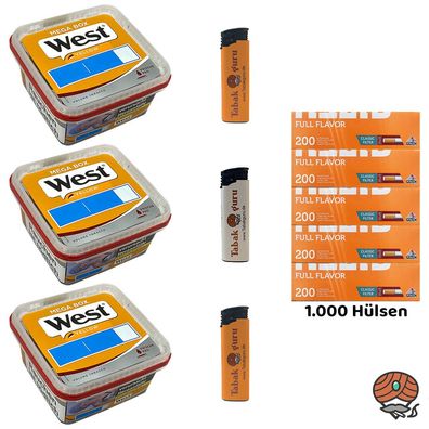 West Yellow Tabak Mega Box 3x 105g, Full Flavor Hülsen, Feuerzeuge