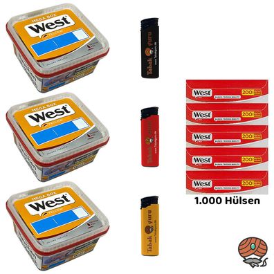 West Yellow Tabak Mega Box 3x 105g, West Red Hülsen, Feuerzeuge