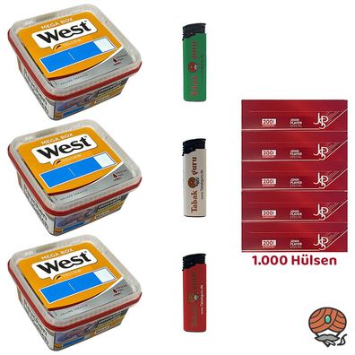 West Yellow Tabak Mega Box 3x 105g, JSP Hülsen, Feuerzeuge
