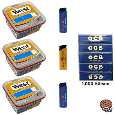West Yellow Tabak Mega Box 3x 105g, OCB Blau Hülsen, Feuerzeuge