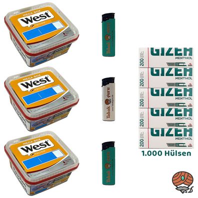 West Yellow Tabak Mega Box 3x 105g, Gizeh Menth. Hülsen, Feuerzeuge