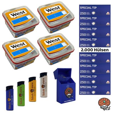 West Yellow Volumentabak Mega Box 4x 105g, Gizeh Special Tip Hülsen, Feuerz. Box