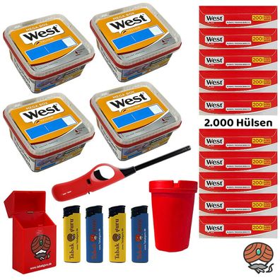 West Yellow Volumentabak Mega Box 4x 105g + 2000 West Hülsen, Stabfeuerzeug