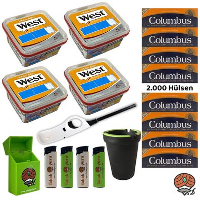West Yellow Volumentabak Mega Box 4x 105g, Columbus Hülsen, Stabfeuerzeug