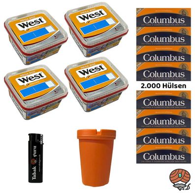 West Yellow Volumentabak Mega Box 4x 105g, 2000 Columbus Hülsen, Feuerzeug
