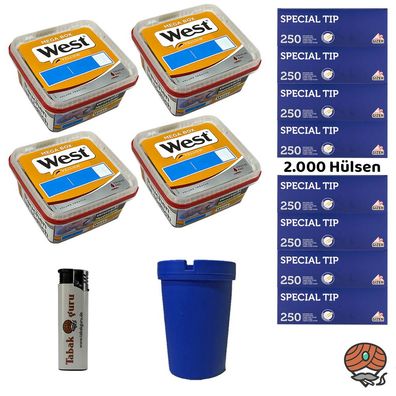 West Yellow Volumentabak Mega Box 4x 105g, Gizeh Special Tip Hülsen, Feuerzeu