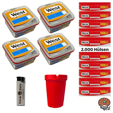 West Yellow Volumentabak Mega Box 4x 105g + 2000 West Hülsen, Sturmfeuerzeug