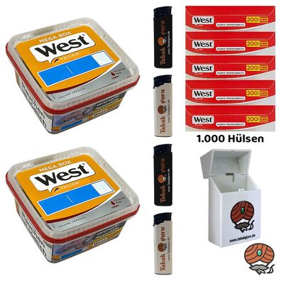 West Yellow Volumentabak Mega Box 2x 105g, 1000 Red West Hülsen, Feuerzeuge
