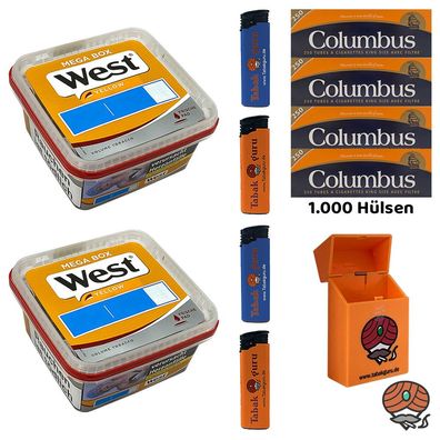 West Yellow Volumentabak Mega Box 2x 105g, 1000 Columbus Hülsen, Feuerzeuge, Box