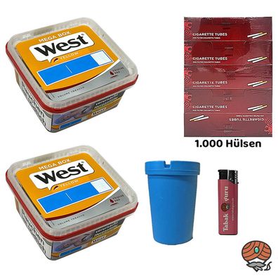 West Yellow Volumentabak Mega Box 2x 105g + 1000 Hülsen, Sturmfeuerzeug