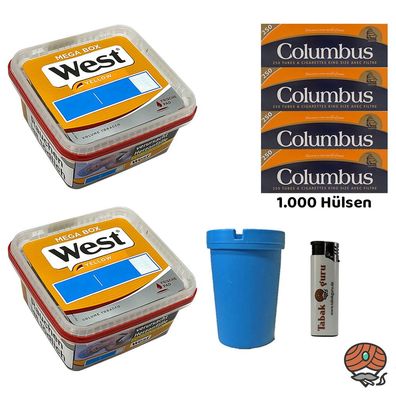 West Yellow Volumentabak Mega Box 2x 105g, Columbus Hülsen, Sturmfeuerzeug