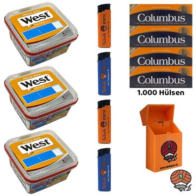 West Yellow Volumentabak Mega Box 3x 105g, 1000 Columbus Hülsen, Feuerzeuge, Box