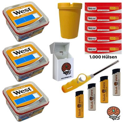West Yellow Volumentabak Mega Box 3x 105g, Red Hülsen, Stabfeuerzeug