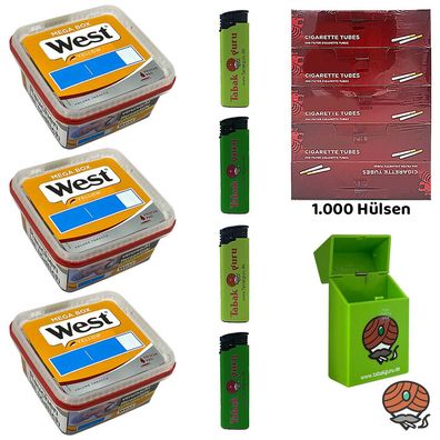 West Yellow Volumentabak Mega Box 3x 105g, 1000 King-Size Hülsen, Zubehör