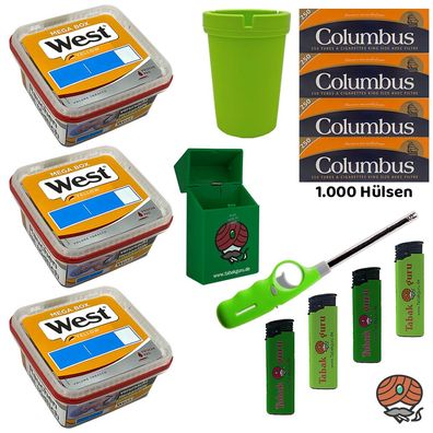 West Yellow Volumentabak Mega Box 3x 105g, 1000 Columbus Hülsen, Zubehör