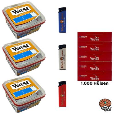 West Yellow Volumentabak Mega Box 3x 105g, Winston Hülsen, Feuerzeuge