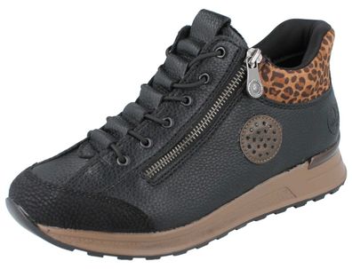 RIEKER Damen High Sneaker Stiefelette schwarz Leoprint Kunstleder
