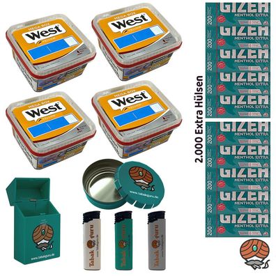 West Yellow Tabak Mega Box 4x 105g + 2000 Gizeh Menth. Extra Hülsen