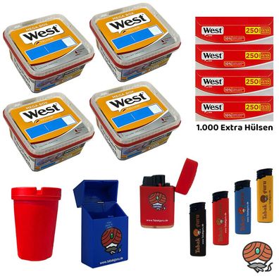 West Yellow Volumentabak Mega Box 4x 105g, West Extra Hülsen, viel Zubehör