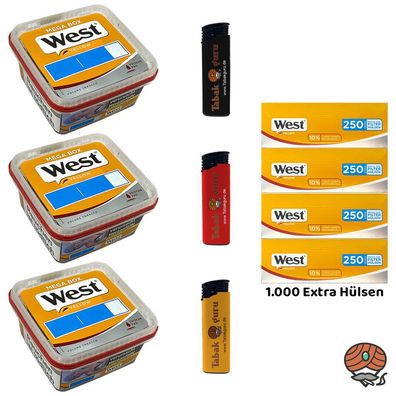West Yellow Volumentabak Mega Box 3x 105g, 1000 Extra Hülsen, Feuerzeuge