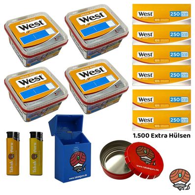 West Yellow Volumentabak Mega Box 4x 105g, 1500 Extra Hülsen, Zubehör