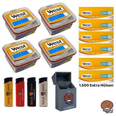 West Yellow Volumentabak Mega Box 4x 105g, 1500 Extra Hülsen, Feuerzeuge, Box