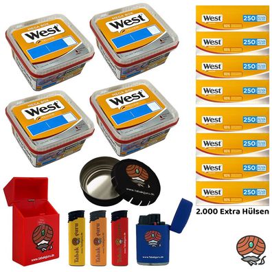 West Yellow Volumentabak Mega Box 4x 105g, 2000 Extra Hülsen, Zubehör