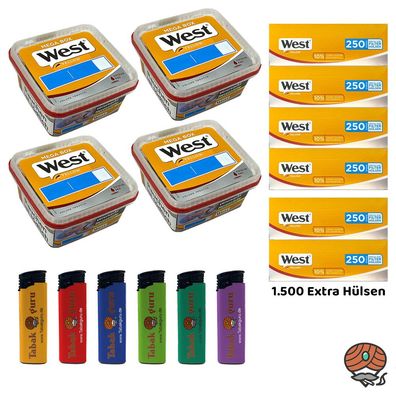 West Yellow Volumentabak Mega Box 4x 105g, 1500 Extra Hülsen, Feuerzeuge