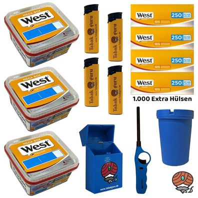 West Yellow Volumentabak Mega Box 3x 105g, 1000 Extra Hülsen, viel Zubehör