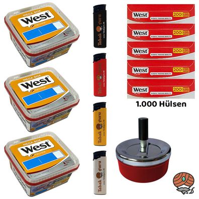 West Yellow Volumentabak Mega Box 3x 105g, 1000 West Red Hülsen, Dreh-Ascher